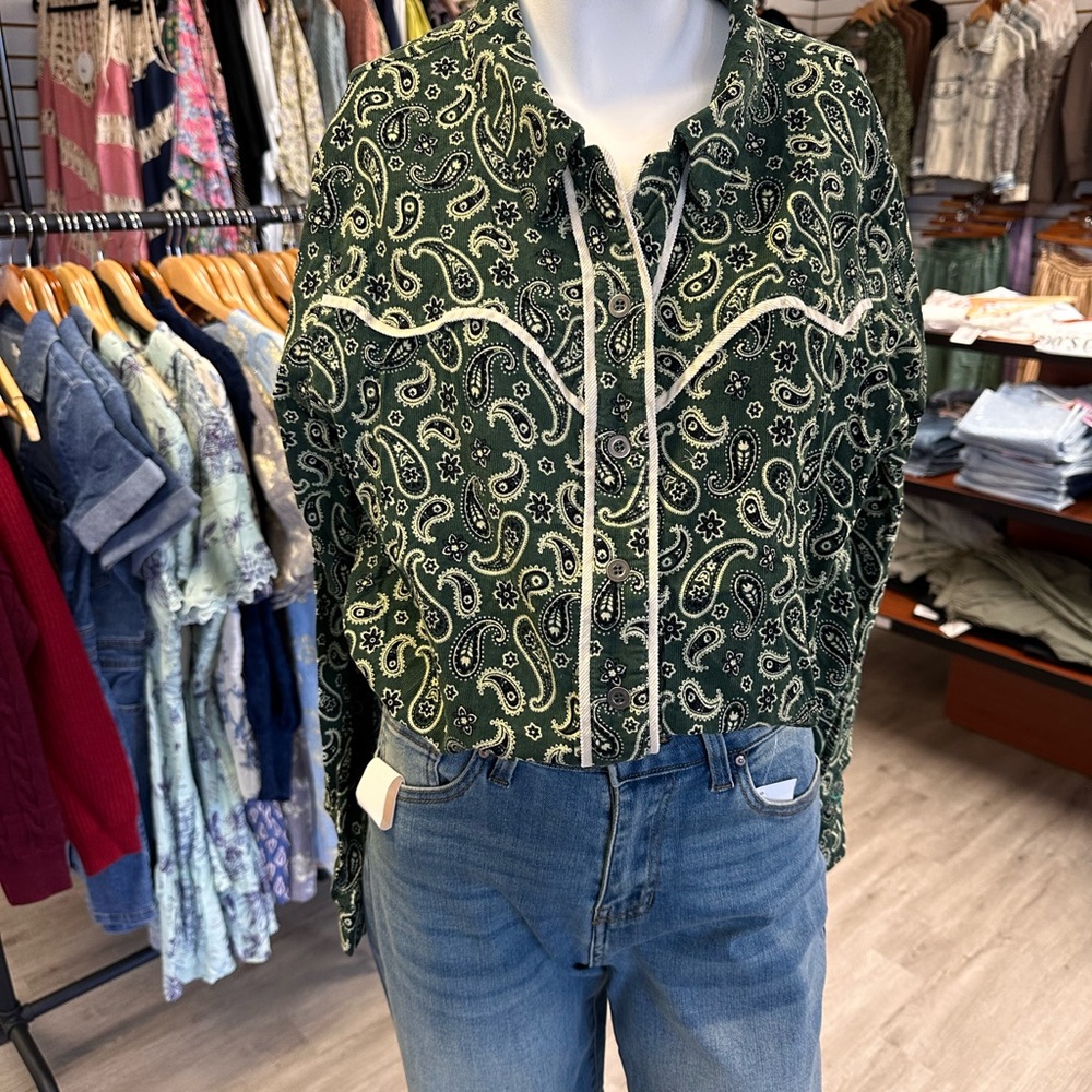 Umgee Green Corduroy Paisley Western Button Down Shirt